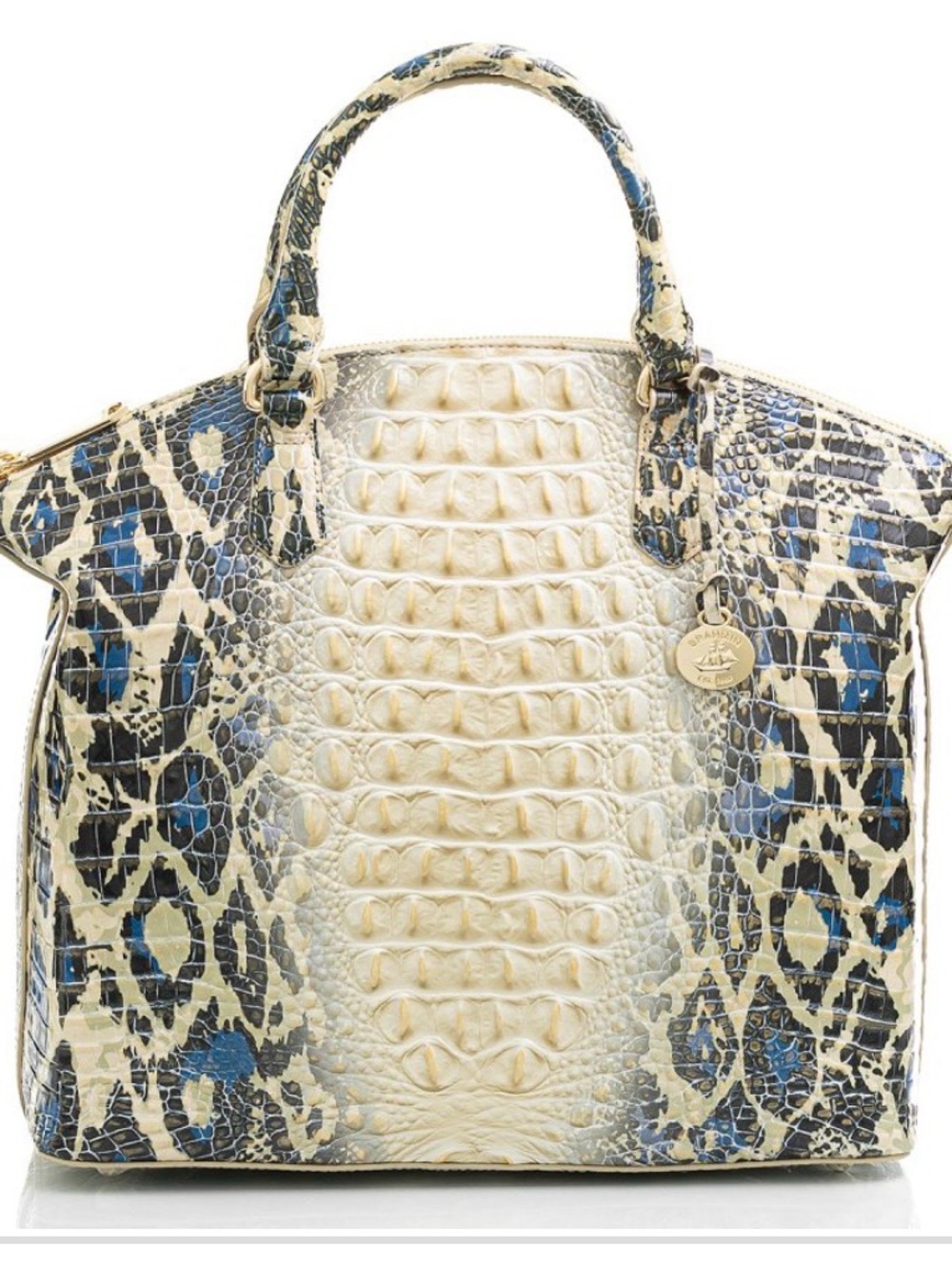 Brahmin Cream and Blue Embossed Leather Satchel with Animal Print